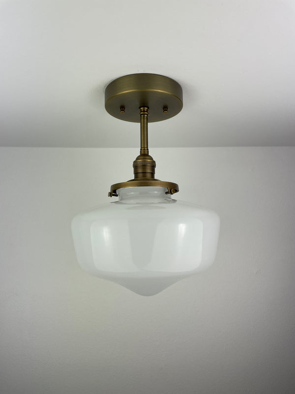 1960's 9" Opal/Milk Glass Schoolhouse Shade now a semiflush fixture with Antique Brass Hardware