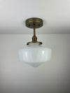 1960's 9" Opal/Milk Glass Schoolhouse Shade now a semiflush fixture with Antique Brass Hardware