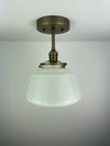 1940's 9" Opal/Milk Glass Schoolhouse Shade now a semiflush fixture with Antique Brass Hardware